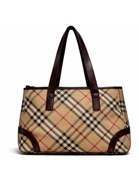 Burberry London Tote Bag Nova Check Plaid Canvas Leather Trim Shoulder Bag